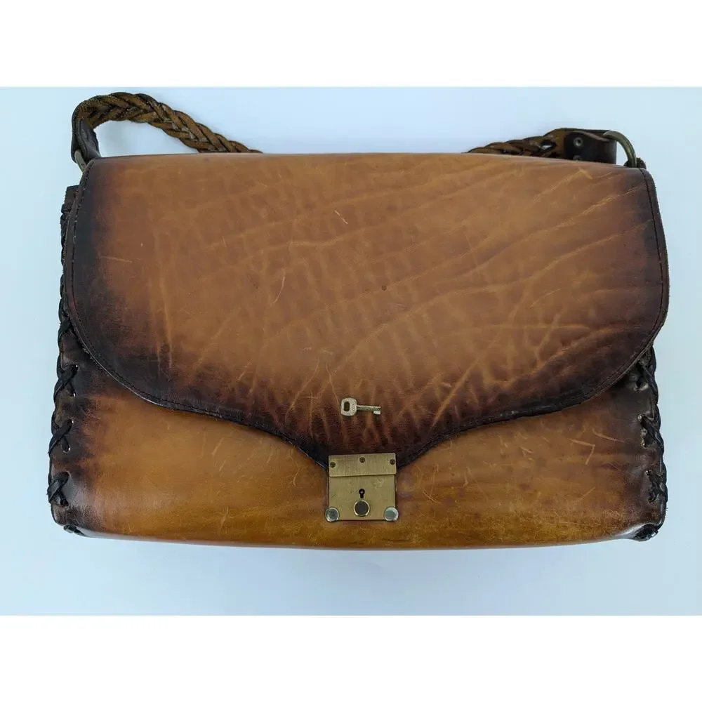 Vintage Tooled Leather Satchel, Whipstitch Boho Western Bag, Large, Brown Key